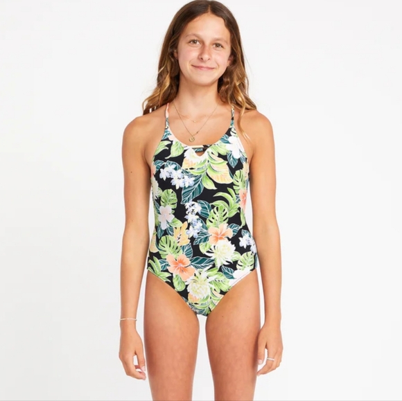 NWT VOLCOM Girls Sunny Beach One Piece Swim Black Tropical Floral 10 - Picture 2 of 5
